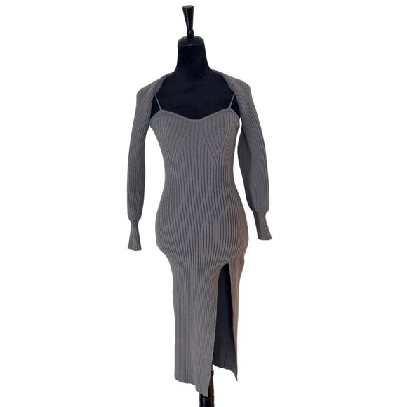 Cider Gray 2 Piece Midi Dress Side Split Shrug Set Y2K Knit Sz XS - Picture 1 of 11